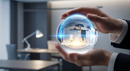  A clean, modern image of a person's hands holding a glass sphere. Inside the sphere, a miniature, glowing city skyline is growing, with a protective, holographic shield surrounding it. The background