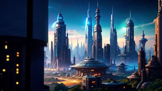Futuristic city with tall sleek buildings.