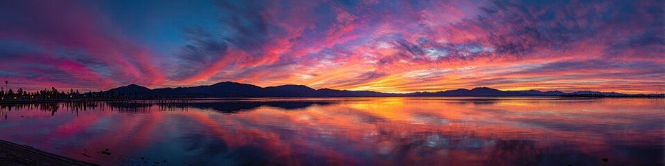 Colorful sunset reflecting off a tranquil lake with silhouetted landmass on the horizon under a vibrant, textured sky