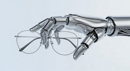 A metallic robotic hand holding a pair of rimless glasses against a pale background