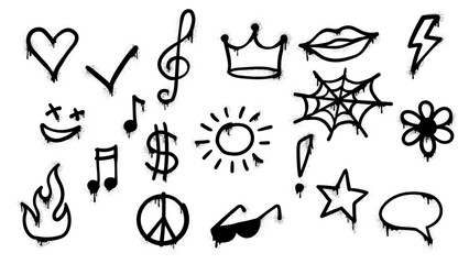 Grunge street graffiti spray paints. Vector set of monochrome urban symbols like heart, star and sun, clef, fire, music notes and speech bubble, sunglasses and spiderweb with spray paint texture