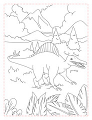 Tyrannosaurus Rex Mountain Hiking Coloring Page: Epic Dinosaur Landscape
