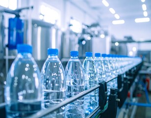 Rows of water bottles on a conveyor belt in a modern bottling plant