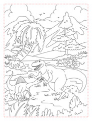 Epic Dinosaur Territory Fight Coloring Page: T-Rex vs. Spinosaurus