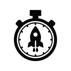 A rocket is inside a stopwatch, shown in silhouette on white background