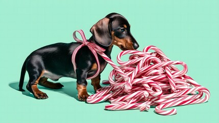 A playful Dachshund dog sniffing a pile of Christmas candy canes tied with a red ribbon.
