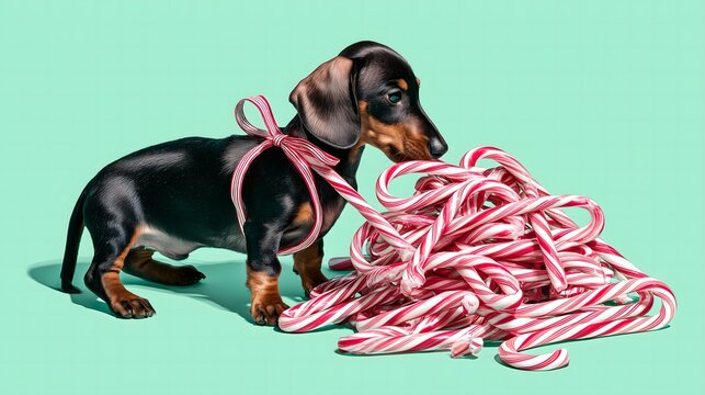 A playful Dachshund dog sniffing a pile of Christmas candy canes tied with a red ribbon.
