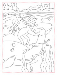 Spinosaurus Coloring Page: Large Predator with a Sail in a Swampy Landscape