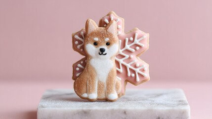 A cute decorated gingerbread cookie in the shape of a Shiba Inu dog and a Christmas snowflake.