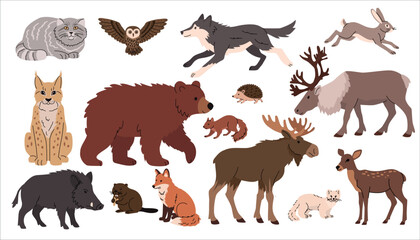 Flat illustration of various forest animals including bear, moose, owl, boar, wolf, fox, hare, lynx, squirrel, beaver, and reindeer. Cute flat style, perfect for childrens books, nature education, and