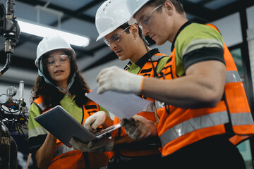 Obraz premium Diverse group of latin engineer working on AI technology in robotics electronics engineering laboratory. Hispanic technician team and colleague research in robot machine futuristic automated control.