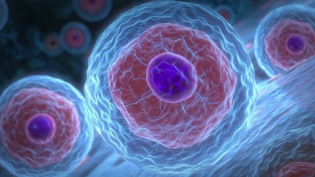3D animation of embryonic stem cells under microscope, biological regeneration and healing process concept, cellular therapy research for repairing damaged tissue and immune modulation