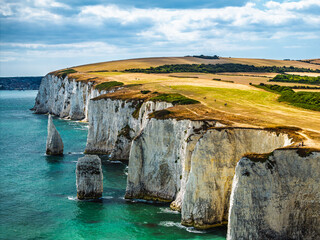 White Cliffs of Old Harry Rocks Jurassic Coast from a drone, Handfast Point, Dorset Coast, Poole, Dorset, England