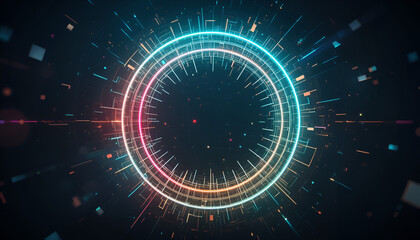 A futuristic, abstract digital portal or gateway formed by concentric neon rings of blue and pink light, set against a dark, datafilled background