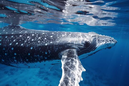 Ballena azul nadando serenamente, elegante, hermosa, en el oc&eacute;ano, marina, primer plano
