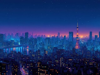 Fototapeta premium Birds-eye view, magical city skyline, sparkling midnight glow