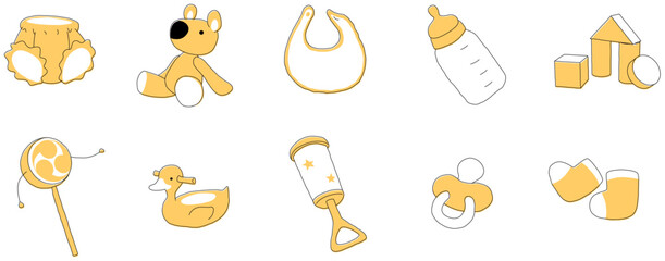Set of ten yellow and white baby icons featuring diaper, plush bear, bib, bottle, blocks, lollipop, duck, rattle, pacifier, socks
おむつ、ぬいぐるみのクマ、よだれかけ、哺乳瓶、ブロック、キャンディ、アヒル、ガラガラ、おしゃぶり、靴下の黄色と白の赤ちゃんアイコン10点のセ