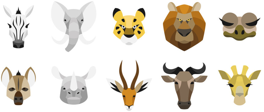Set of ten African wildlife face icons including zebra, elephant, cheetah, lion, gorilla, hyena, rhinoceros, gazelle, wildebeest, giraffe
シマウマ、ゾウ、チーター、ライオン、ゴリラ、ハイエナ、サイ、ガゼル、ヌー、キリンの動物顔アイコン10点のセット