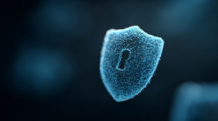 Plexus network shielding digital data through interconnected lines surrounding keyhole symbol, signaling robust cybersecurity protection against dark blue backdrop