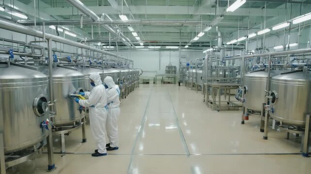 Engineers in protective suits are monitoring large stainless steel tanks in a modern industrial facility. The clean and organized environment indicates high standards in production