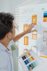A young designer is working on a UX UI project, analyzing mobile app wireframes and choosing color palettes on a whiteboard. He focuses on brainstorming ideas to improve user experience.