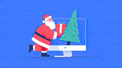 Santa Claus delivering Christmas tree and gift from digital screen, flat cartoon illustration on blue background for online shopping banner