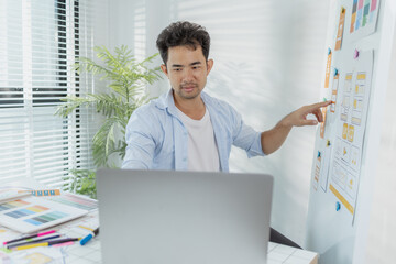 A young designer is working on a UX UI project, analyzing mobile app wireframes and choosing color palettes on a whiteboard. He focuses on brainstorming ideas to improve user experience.