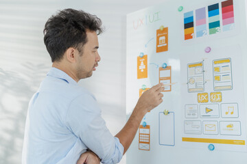 A creative designer is working on UX UI planning, reviewing wireframes, and adjusting color schemes for a mobile application project, showing focus and innovation in modern workspace.