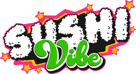 Japanese seafood sushi vibe vintage Y2K sticker or patch. Japanese cuisine gourmet vintage sticker, sushi menu dish Y2K vector tag. Japan seafood meal label with rice funky typography text