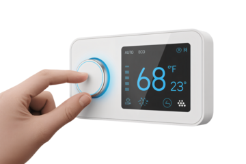Hand adjusting modern thermostat to 68 degrees for home comfort