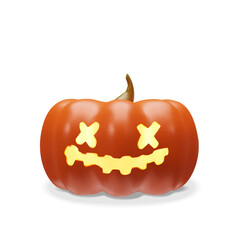 3d orange small Halloween pumpkin. Glowing scary decoration for October holiday. Three-dimensional vector illustration spooky face light. Autumn Jack o lantern carved cute vegetable
