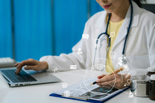 Medicine doctor hand working with modern digital tablet computer interface as medical network concept.