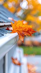 Close-up of an orange maple leaf resting on a white gutter against a blurred backdrop of colorful autumn foliage