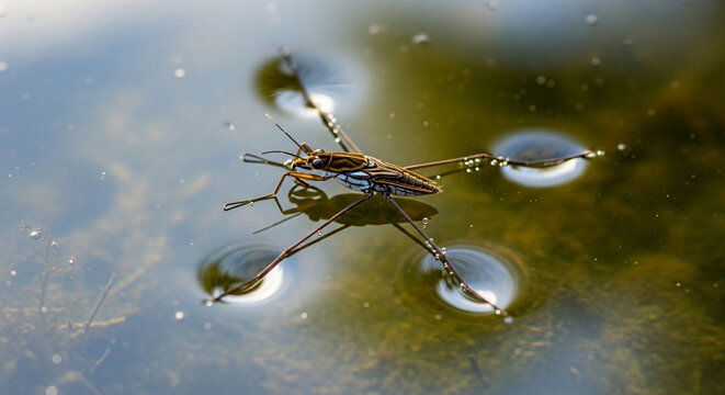 Water strider gliding gracefully on calm water surface, showcasing nature's beauty and precision