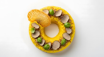 Gourmet saffron risotto donut garnished with truffle slices and microgreens for fine dining