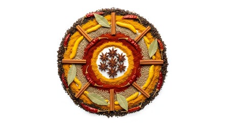 Obraz premium Round spice arrangement with natural ingredients for culinary art and healthy eating concept