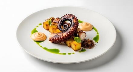 Gourmet Grilled Octopus with Roasted Potatoes and Aioli Isolated on White