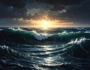 Fototapeta premium Dramatic sunset over a vast ocean, showcasing powerful waves crashing against the horizon.