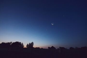 Morning old Moon with stars, planets and rural countryside tree silhouettes. © astrosystem