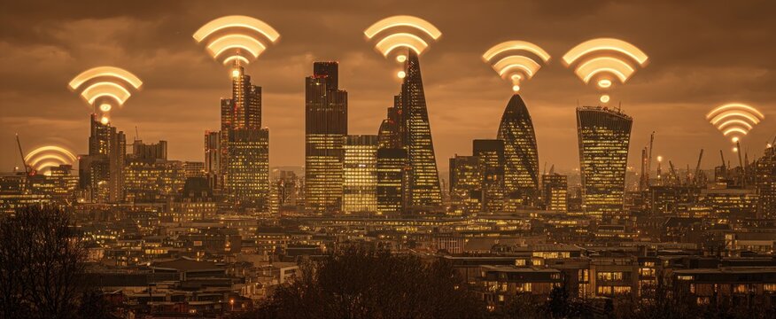 Cityscape under an orange sky, modern buildings topped with glowing WiFi symbols, symbolizing connection in a tech-driven world