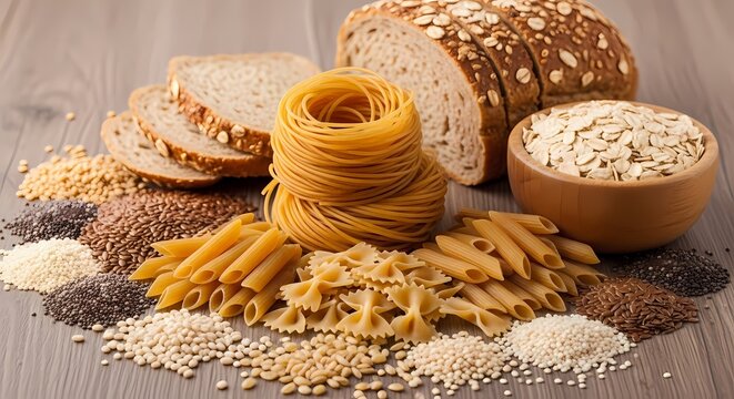 Collection of various pasta, bread, and grains including spaghetti, penne, oats, and loaves. Healthy food ingredients background.