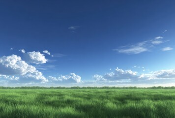 Sunny landscape with green grass and a bright blue sky dotted with fluffy white clouds; a serene outdoor view