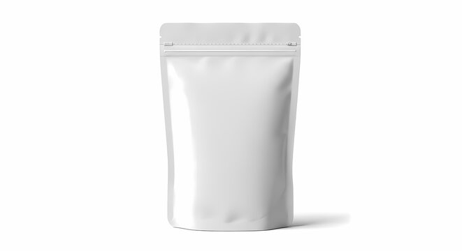 white plastic pouch isolated on background. Packaging template for snacks, pasta, or food products.