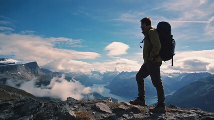 Backpacker standing on a rocky summit, enjoying breathtaking view of a fjord and snow-capped mountains, embracing the serene beauty of norwegian nature