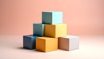 Obraz premium Minimalist pile of large colored cubes with soft shadows on a pink surface, showcasing structure, geometry, and modern style.