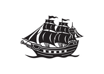 Black and White Vintage Galleon Ship Illustration; Nautical, Maritime,  Exploration Theme; Dramatic, Bold Graphic Design.
