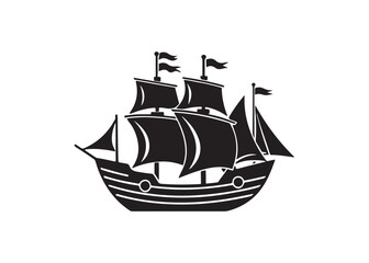 Black and White Vintage Galleon Ship Illustration; Nautical, Maritime,  Exploration Theme; Dramatic, Bold Graphic Design.
