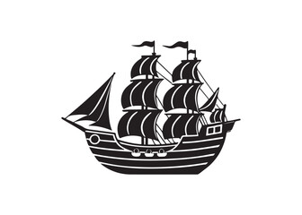 Black and White Vintage Galleon Ship Illustration; Nautical, Maritime,  Exploration Theme; Dramatic, Bold Graphic Design.