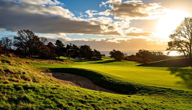 Golden sunset over a golf course