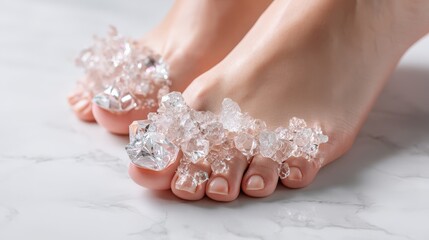 Feet adorned with sparkling crystals on a marble surface in a stylish setting